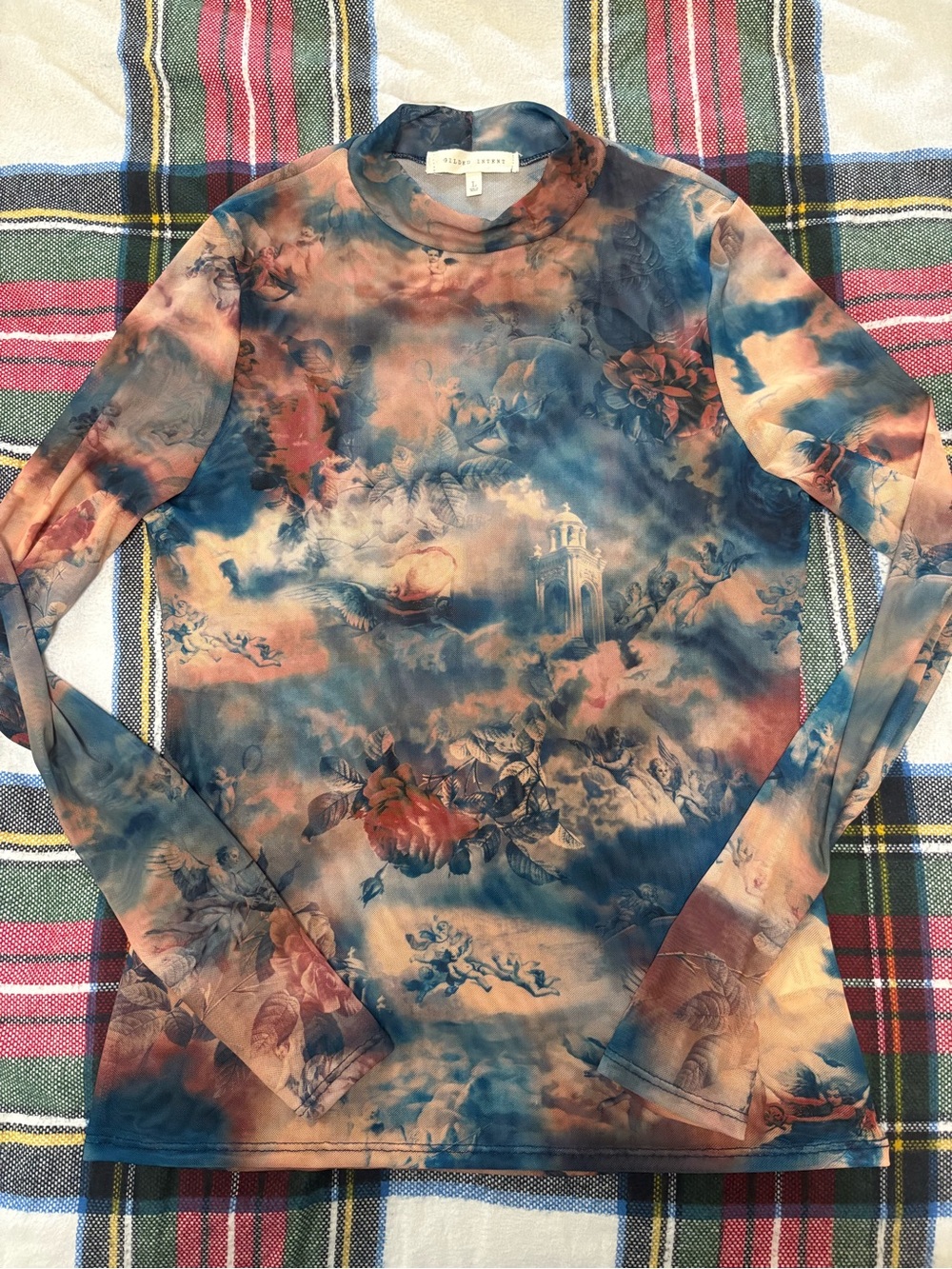 Gilded Intent Blue and Rust Painterly Floral Long-Sleeve Tee